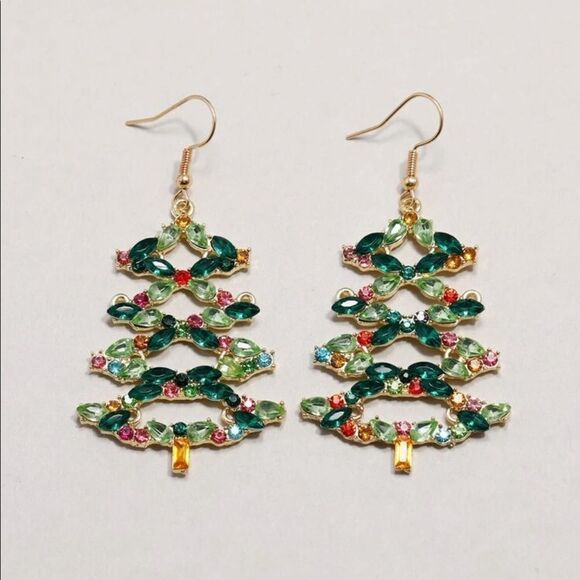 Holiday Crystal Rhinestone Christmas Tree Chandelier Drop Earrings - Picture 4 of 7